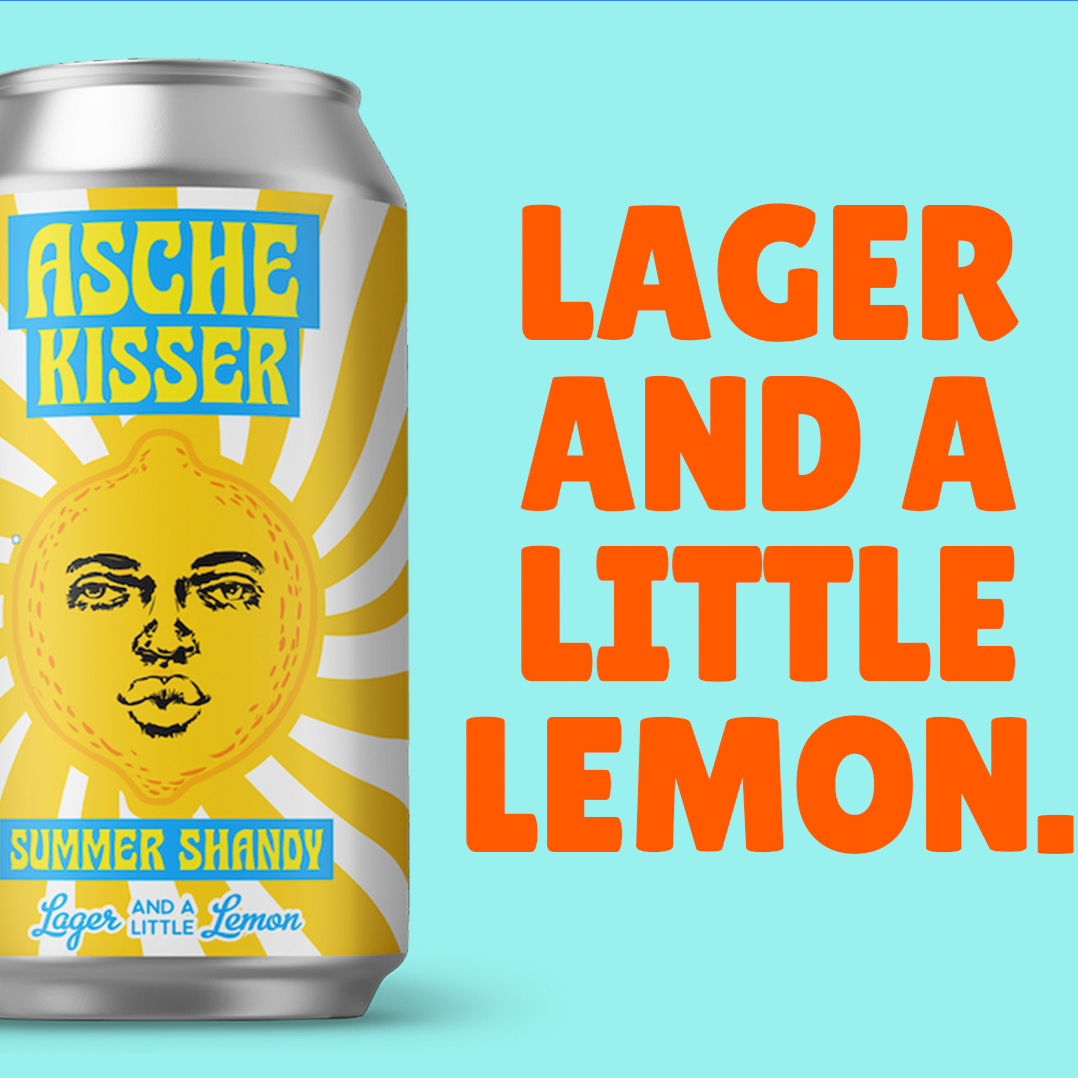 Can of Asche Kisser Summer Shandy with headline Lager and a little lemon.