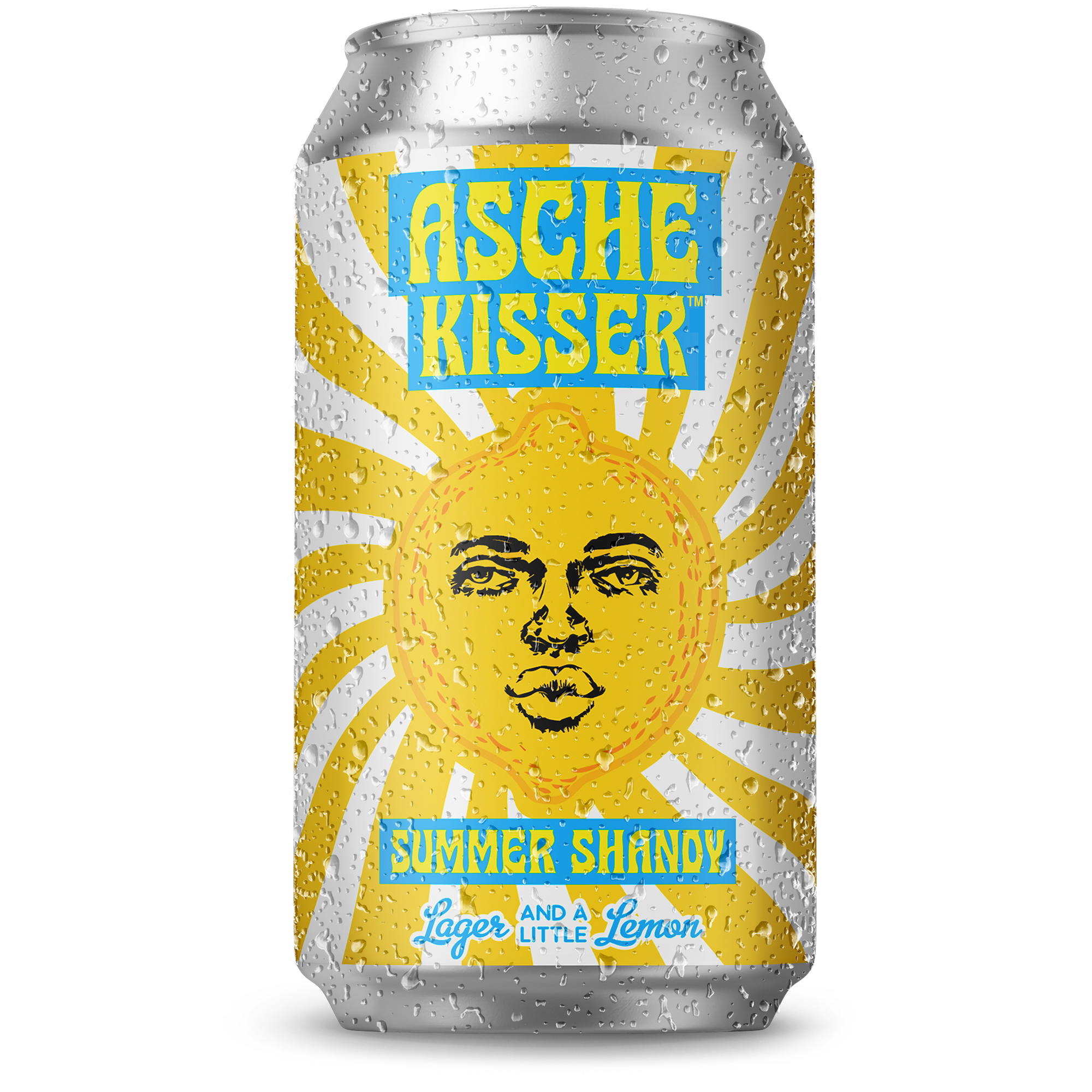 Can of Asche Kisser Summer Shandy with lemon head on a sun design. A lager with lemon from Asche Brewery. Get your lips on an Asche!