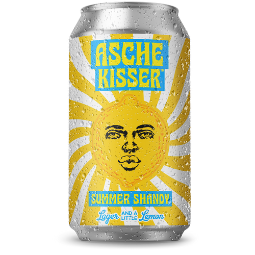 Can of Asche Kisser Summer Shandy with lemon head on a sun design. A lager with lemon from Asche Brewery. Get your lips on an Asche!
