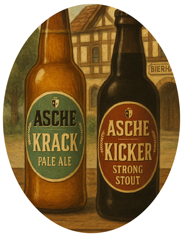 Asche Brewery beer bottles with labels 'Asche Krack Pale Ale' and 'Asche Kicker Strong Stout' on a vintage-style background.