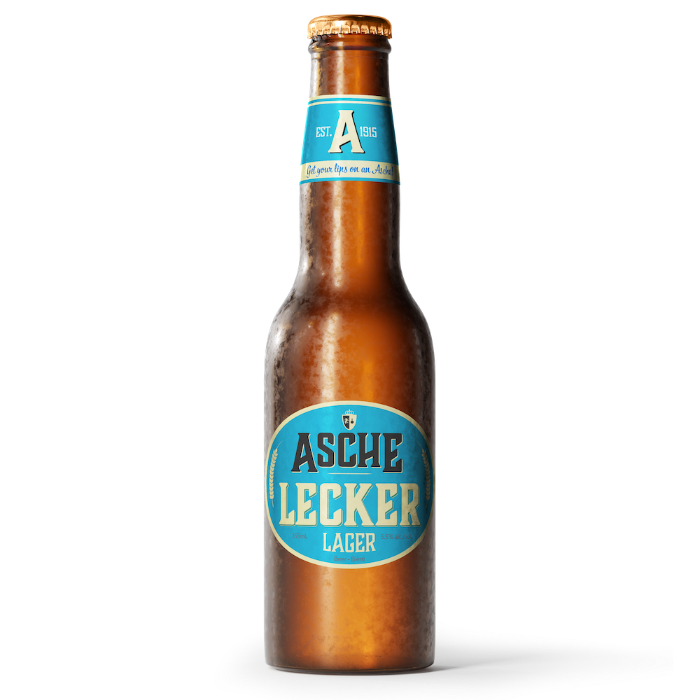 A bottle of Asche Lecker Lager from Asche Brewery. Johan Asche's original beer recipe, named after the German word for delicious, lecker.