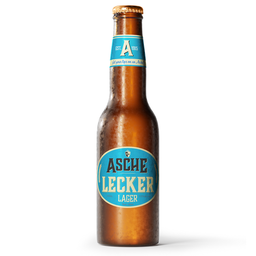 A bottle of Asche Lecker Lager from Asche Brewery. Johan Asche's original beer recipe, named after the German word for delicious, lecker.