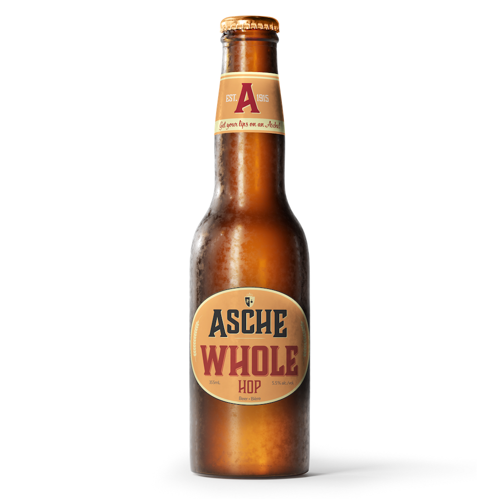 A bottle of Asche Whole Hopbier from Asche Brewery. Johan Asche's original beer recipe using the whole hop cone.