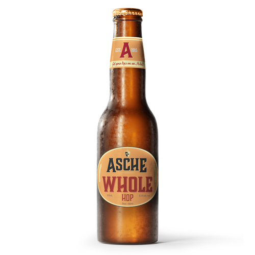A bottle of Asche Whole Hopbier from Asche Brewery. Johan Asche's original beer recipe using the whole hop cone.