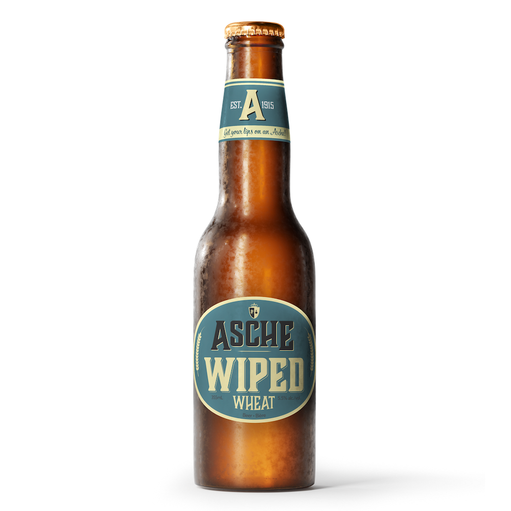 A bottle of premium Asche Wiped Weissbier, or wheat beer, from Asche Brewery. Johan Asche's original beer recipe where every grain is hand wiped before brewing.